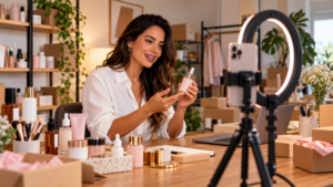 Mulher fazendo live com produtos de cosméticos.