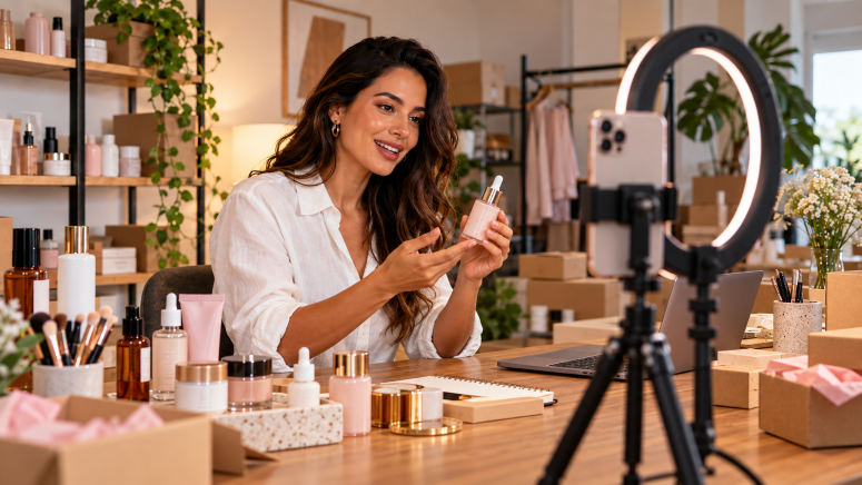 Mulher fazendo live com produtos de cosméticos.