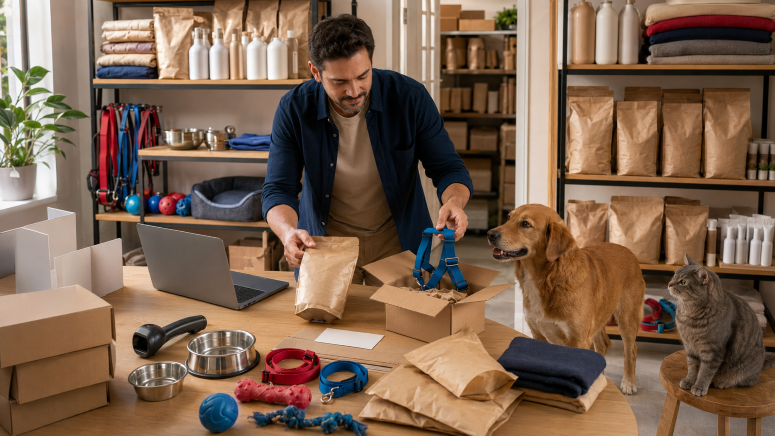 Homem organizando produtos de pet shop em uma caixa de papelão, com um cachorro e um gato ao lado.