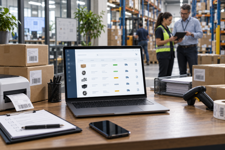 Notebook aberto exibindo lista de produtos cadastrados, ao fundo de uma fabrica industrial.